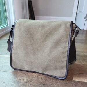 Levenger Olive Green Canvas & Brown Leather Trim Messenger Crossbody Bag